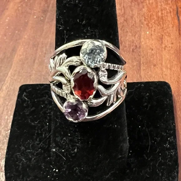 Triple Gemstone Statement Ring 925 Silver Garnet Amethyst Blue Topaz Size 8 #570 - Picture 4 of 7